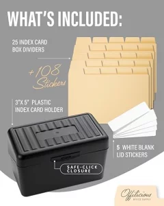 OFFILICIOUS Index Card Box 3x5 - Recipe Box with Manila Dividers & Stickers - Premium Index Card Holder Ideal as Business Card Organizer, Recipe Card