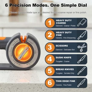 Flying Leaves 6-in-1 Knife Sharpener for Kitchen - Easy Dial Selects Mode for Chefs, Serrated, Scissors & Thin Blades - Non-Slip Base & Grip - Manua