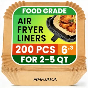 RHFJAKA 200 PCS Square Air Fryer Paper Liners Disposable, 6 x 6 ''Non-stick Oil Resistant Air Fryer Parchment Paper Liners, Waterproof, Airfryer Line