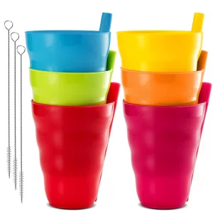 PLASKIDY Kids Cups with Straw - Set of 6 Toddler Cups with Built?In Straw 10 Oz BPA-Free Plastic Drinking Cups for Kids Top Rack Dishwasher Safe
