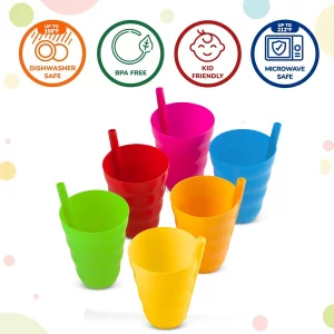 PLASKIDY Kids Cups with Straw - Set of 6 Toddler Cups with Built?In Straw 10 Oz BPA-Free Plastic Drinking Cups for Kids Top Rack Dishwasher Safe