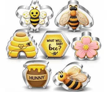 LUBTOSMN Bee Cookie Cutters Set - 3 Inches - 7 Piece - Beehive, Flower, Honeycomb and Honey Jar Stainless Steel Biscuit Molds for Honey Bee Party Dec