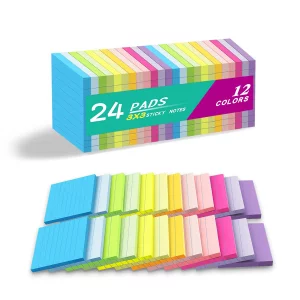 (24 Pack) Lined Sticky Notes 3x3 in,Notepads with Lines,Ruled Stickies Super Sticking Power,Office School Memo Note Pads Bright Colors,Post on Window