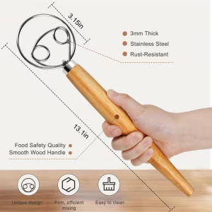 Dkoyied Danish Dough Whisk Large Bread Mixer 13 Inches Premium Stainless Steel Whisk Traditional Dutch Style Bread Making Tools, Whisking Tool with a