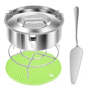 1.5Qt Flan Mold with Lid, 304 Stainless Steel Flan Pan with Spatula Steam Rack Silicone Heat Pad Practical Baking Supplies for Cake Cheesecake Desser