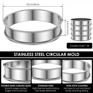24 Pack 4 Inch Cookie Rings for Baking, Stainless Steel English Muffin Rings Double Rolled, Round Metal Cooking Pastry Ring Baking Molds for Cookies 