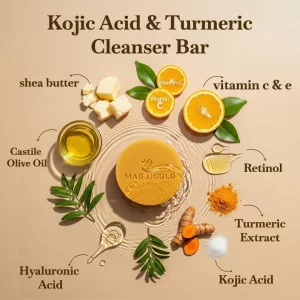 Marigold glow Kojic Acid Soap bar Dark Spot remover with Turmeric for Face and Body Cleanser Bar with Vitamin C Retinol Collagen Hyaluronic Acid, 3.5