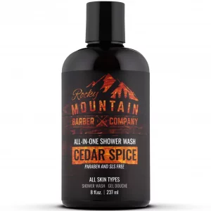 Rocky Mountain Barber Company Cedar Spice All-In-One Body Wash - Shampoo, Body Wash, Conditioner, Face Wash & Beard Wash with Essential Oils - 8 oz