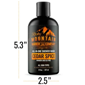 Rocky Mountain Barber Company Cedar Spice All-In-One Body Wash - Shampoo, Body Wash, Conditioner, Face Wash & Beard Wash with Essential Oils - 8 oz