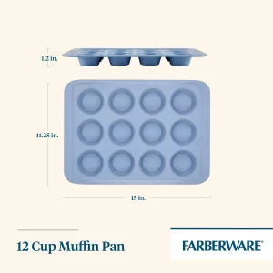 Farberware Easy Solutions Nonstick Bakeware Muffin/Cupcake Baking Pan, 12-cup with fill lines - Blue