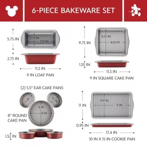 Farberware Disney Bake with Mickey Mouse Nonstick Bakeware Cake Pans, Baking Sheet, and Loaf/Meatloaf Pan, 6 Piece Non Stick Bakeware Set - Red