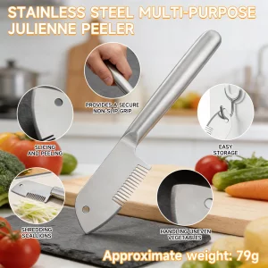 Stainless Steel Multi-Purpose Julienne Peeler, handheld peeler shredder, quick vegetable slicer for kitchen. Comfortable handle and hanging holes, su