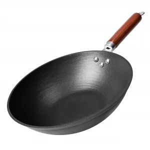 21st & Main Wok, Stir Fry Pan, Wooden Handle, 11 Inch, Lightweight Cast Iron, chefs pan, pre-seasoned nonstick, for Chinese Japanese and other cooki