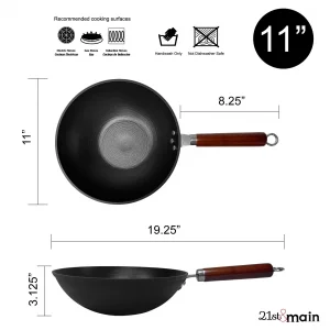 21st & Main Wok, Stir Fry Pan, Wooden Handle, 11 Inch, Lightweight Cast Iron, chefs pan, pre-seasoned nonstick, for Chinese Japanese and other cooki