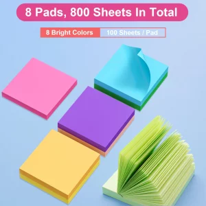 Sticky Notes 3x3 Inch, 8 Pads, 800 Sheets, 8 Bright Colors Sticky Note Pad, Bulk Self-Stick Pads, Home Office School Supplies, Clean Removal, Recycla