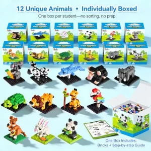 FUN LITTLE TOYS Mini Animal Building Blocks - 12 Pack, No Duplicates, Individually Boxed Zoo Sets for Kids 6-12, Party Favors, Classroom Prizes, Good