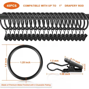 40 PCS Black Clip Rings for Curtain Panels, This Drapery Curtain Clip Rings Also Apply for 0.75~1.0 inch Drapery Rod