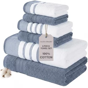 Modern Threads 6-Piece Towel Set - 100% Cotton, Quick Dry, Ultra Absorbent - Includes 2 Bath, 2 Hand, 2 Washcloths (White/Reinhart Blue)