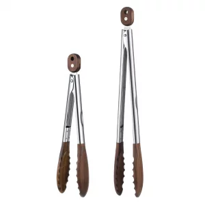 12 & 15 Inch Wooden Tongs for Cooking, Long Stainless Steel Salad Tongs with Walnut Wood Tip, Locking Heat Resistant Kitchen Utensils for Serving, Gr
