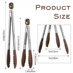 12 & 15 Inch Wooden Tongs for Cooking, Long Stainless Steel Salad Tongs with Walnut Wood Tip, Locking Heat Resistant Kitchen Utensils for Serving, Gr