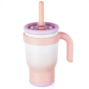 TAKYIT 14oz Toddler Sippy Cup Vacuum Insulated Stainless Steel Kids Cup with Handle, Spill-Proof Straw, Leak-Proof Travel Cup for Home or On-the-Go(P