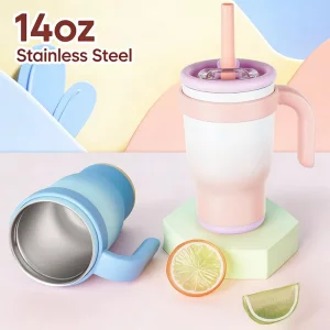 TAKYIT 14oz Toddler Sippy Cup Vacuum Insulated Stainless Steel Kids Cup with Handle, Spill-Proof Straw, Leak-Proof Travel Cup for Home or On-the-Go(P