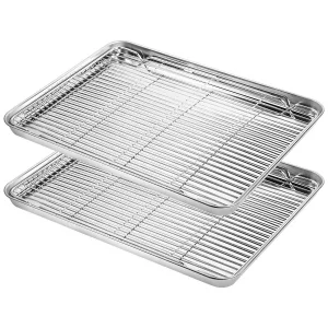 Baking Sheet with Cooling Rack Set (2 Pans + 2 Racks), Yododo Stainless Steel Baking Pan Cookie Sheet Cookie Pan with Rack, Size 16 x 12 x 1 Inch, Mi