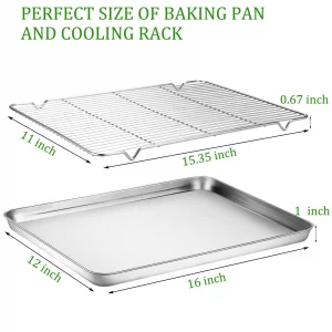 Baking Sheet with Cooling Rack Set (2 Pans + 2 Racks), Yododo Stainless Steel Baking Pan Cookie Sheet Cookie Pan with Rack, Size 16 x 12 x 1 Inch, Mi
