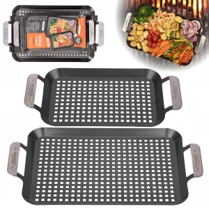 Camerons BBQ Grill Topper Grilling Pans (Set of 2)- Non-Stick Barbecue Trays w Stainless Steel Handles - Indoor Outdoor use for Barbecue & Smoked Mea