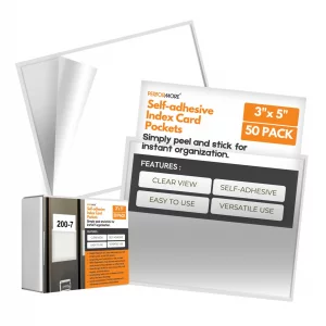 Performore 50-Pack Self-Adhesive 3x5 Index Card Pockets | Top-Loading Clear Plastic Sleeves | Durable Reusable Label Holders for Bulletin Boards, Wal