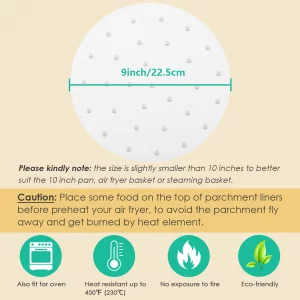 100pcs 9 Inch Round Air Fryer Liners, Fits 10-Inch Bamboo Steamer Baskets, Premium Perforated Parchment Paper Sheets, Non-stick Basket Mat, Perfect f