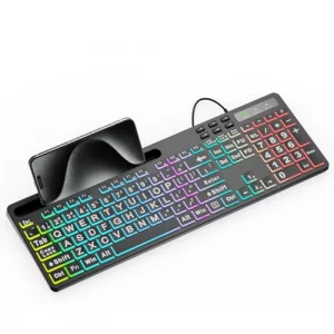 MARVO Large Print Backlit Keyboard, WK712 Wired Computer Keyboards with 7 Colors & 11 Modes Backlight, Tablet Phone Holder and Quiet Light Up Keys, F