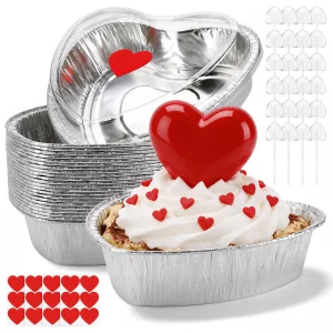 24 Set 27 oz Heart Shaped Cake Pan with Lid Spoon, 7.4 Inch Aluminum Foil Disposable Cupcake Baking Pan Heart Shaped Box Muffin Tin Liner Pudding Coo