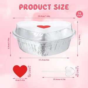 24 Set 27 oz Heart Shaped Cake Pan with Lid Spoon, 7.4 Inch Aluminum Foil Disposable Cupcake Baking Pan Heart Shaped Box Muffin Tin Liner Pudding Coo