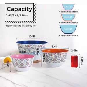 TP Mixing Bowl Set with Lids, 6-Piece Melamine Nesting Bowls Set for Pasta Baking Salad Mixing, Set of 3, Ottoman Floral