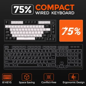 DAREU EK75 Wired Mechanical Keyboard,75% Keyboard with Volume Knob,Gasket Mount Mechanical Gaming Keyboards,81 Keys Rainbow Backlit,PBT Keycaps,Linea