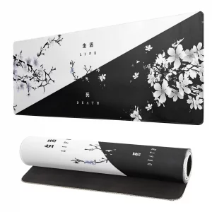 Black and White Japanese Cherry Blossom Gaming Mouse Pad Sakura Death Life Flower Mat 31.5x11.8 Inch Texture Non-Slip Rubber Base Mousepad Stitched E