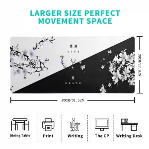 Black and White Japanese Cherry Blossom Gaming Mouse Pad Sakura Death Life Flower Mat 31.5x11.8 Inch Texture Non-Slip Rubber Base Mousepad Stitched E