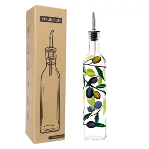 YIYUKODO 17oz Hand Painted Glass Olive Oil Bottle Dispenser- 500ml Green Oil & Vinegar Cruet with Pourers - Olive Oil Carafe Decanter for Kitchen (ol