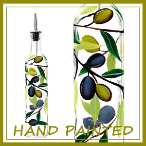 YIYUKODO 17oz Hand Painted Glass Olive Oil Bottle Dispenser- 500ml Green Oil & Vinegar Cruet with Pourers - Olive Oil Carafe Decanter for Kitchen (ol
