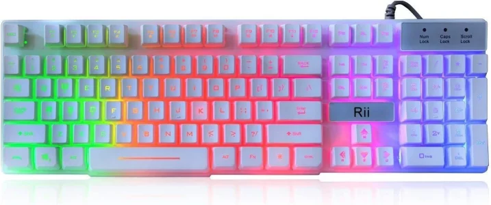 Rii RK100+ White Gaming Keyboard,USB Wired Multiple Colors Rainbow LED Backlit Large Size Mechanical Feeling Ultra-Slim Multimedia Office Keyboard No