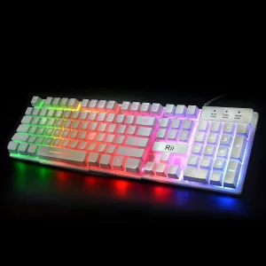 Rii RK100+ White Gaming Keyboard,USB Wired Multiple Colors Rainbow LED Backlit Large Size Mechanical Feeling Ultra-Slim Multimedia Office Keyboard No