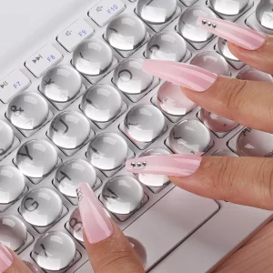 68PCS Keyboard for Long Nails, Transparent Glass Raised Keyboard Stickers for Long Nails, Nail Art Typing Keycaps for Desktops Laptop, PC (Spherical)