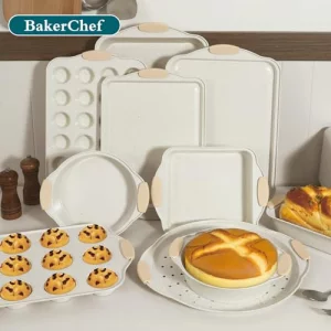 BakerChef 10-Piece Nonstick Baking Pans Set, Stackable Non-Toxic Bakeware Sets with Silicone Handle, Oven Pan Set for Cooking, Includes Easy Release 