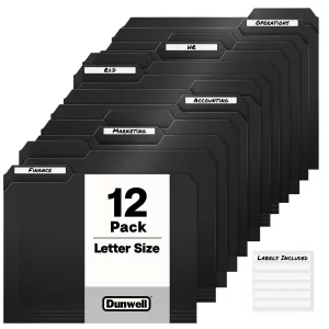 Dunwell Plastic Black 3-Tab Folders, (12 Pack), Sturdy 1/3 Tab File Folders for 8.5x11 Documents, Plastic Manila Filing Sleeves, Acid-Free Poly, Incl