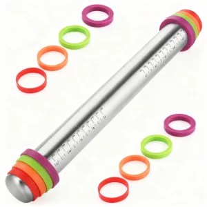 Stainless Steel Rolling Pin with Adjustable Thickness Rings - 4 Interchangeable Sizing Bands for Dumplings/Pasta/Cookies - Nonstick Kitchen Baking To