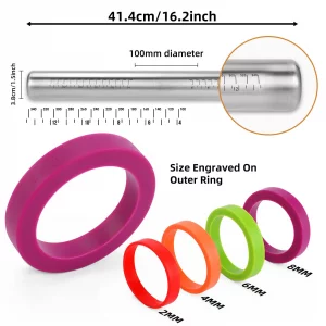 Stainless Steel Rolling Pin with Adjustable Thickness Rings - 4 Interchangeable Sizing Bands for Dumplings/Pasta/Cookies - Nonstick Kitchen Baking To