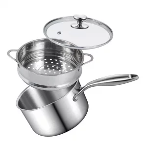 Steamer for Cooking, 1.5 Quart Saucepan with Steamer Basket, 18/8 Tri-ply Construction Stainless Steel Steamer Pot, Sauce pan with Lid 2-tier for Coo