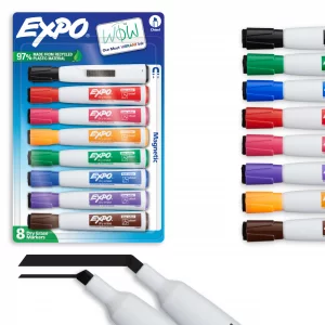 EXPO Magnetic Dry Erase Markers with Eraser, Assorted Colors, Chisel Tip, 8 Count - Back to School, Teacher Supplies, Home Organization