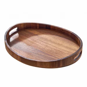 SARUFO Acacia Wood Round Ottoman Tray - Decorative Serving Tray with Handles for Coffee Table, Breakfast in Bed, Living Room, Kitchen Counter, Candle